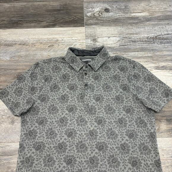 Express Floral AOP Gray Mens L Stretch Moisture Wicking Short Sleeve Polo Shirt - Picture 1 of 11